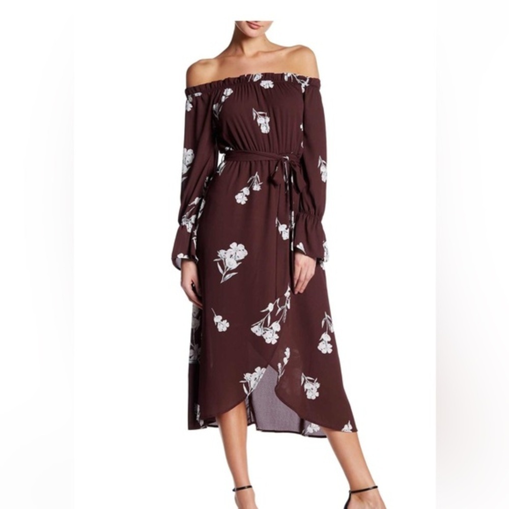 Off-Shoulder Brown Floral Midi Dress with Tie Waist - Picture 2 of 5